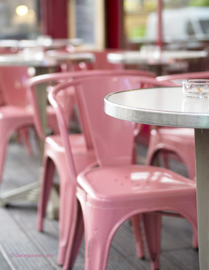 Pink cafe chairs at Amelie's Cafe des 2 Moulins, Montmartre