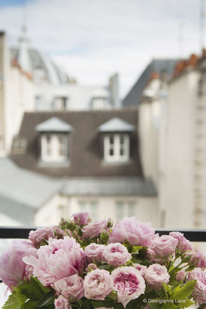 Roses and Peonies on a Paris Balcony by Georgianna Lane